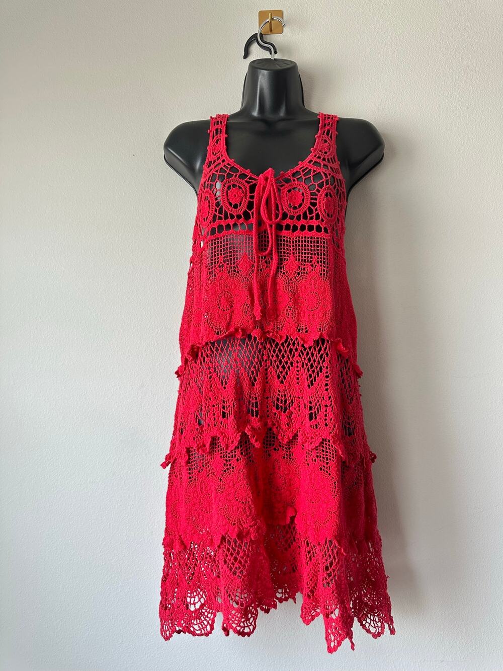 Dasayo Y2K Red Crochet Lace Tiered Midi Dress Boho Festival Beach Cover Up L